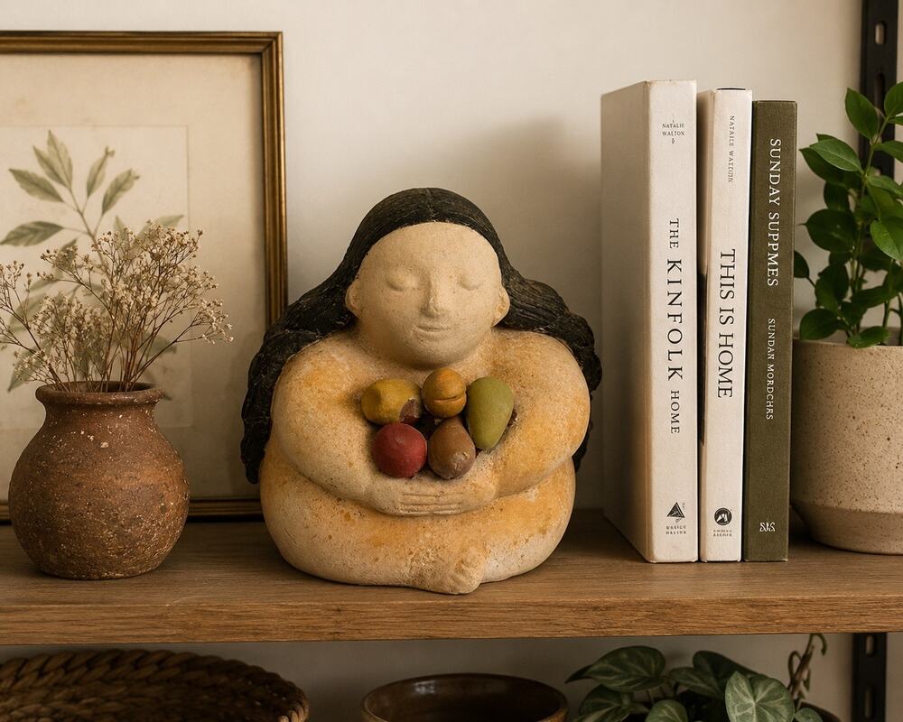 Mexican Artisan Style Woman Holding Fruit Figurine Southwestern Shelf Decor